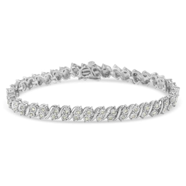 .925 Sterling Silver 1.0 Cttw Rose cut Diamond Two Stone S Link Tennis Bracelet (I-J Color, I2-I3 Clarity) - 7”