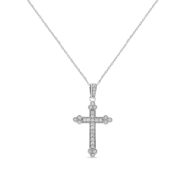 .925 Sterling Silver 1/4 Cttw Prong Set Round-Cut Diamond Cross 18" Pendant Necklace - (I-J Color, I3-Promo Quality)