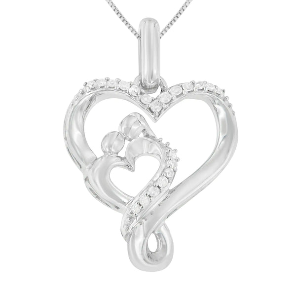 .925 Sterling Silver 1/10 cttw Diamond Mother & Child Double Open Heart 18" Pendant Necklace (I-J Color, I3 Clarity)