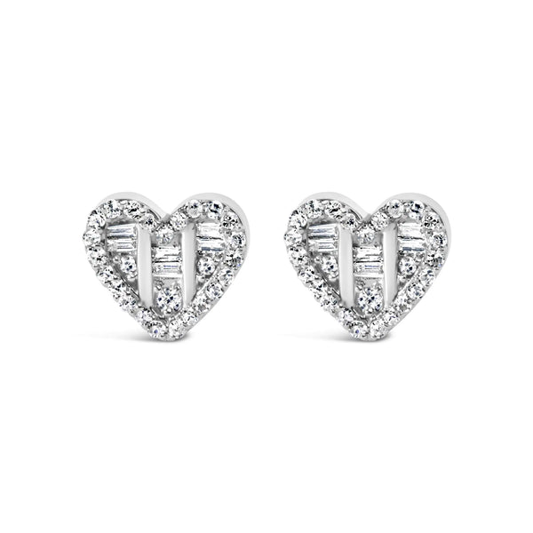 .925 Sterling Silver 1/2 Cttw Round and Baguette Diamond Composite Heart Shaped Stud Earring (I-J Color, SI2-I1 Clarity)