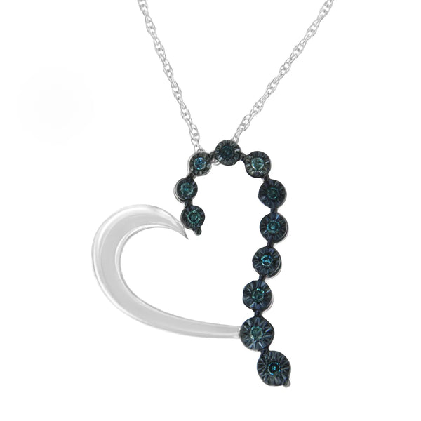 .925 Sterling Silver 1/10 Cttw Diamond Miracle-Set Open Heart 18" Pendant Necklace (Enhanced Blue Color, I2-I3 Clarity)