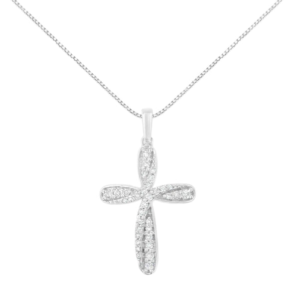 .925 Sterling Silver 1/4 Cttw Diamond Curved Cross 18" Pendant Necklace (I-J Color, I2-I3 Clarity)