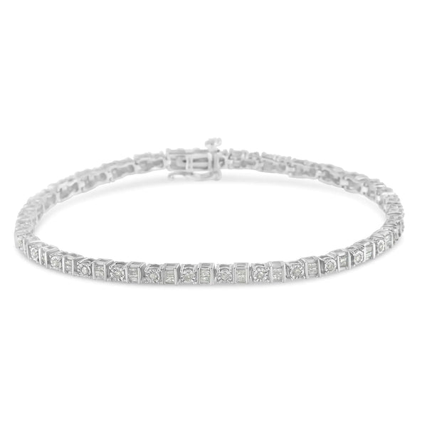 .925 Sterling Silver 1.0 Cttw Round & Baguette Cut Diamond 7" Alternating Round and Square Station Tennis Bracelet (I-J Color, I3 Clarity)