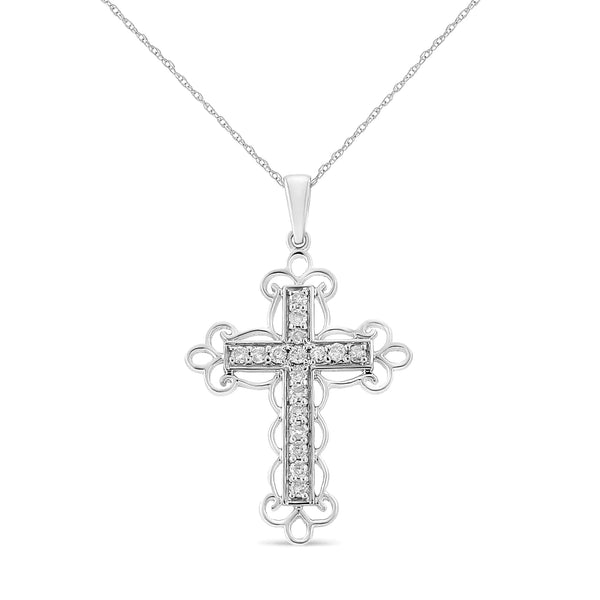 .925 Sterling Silver 1/4 Cttw Round Cut Diamond Art Deco Style Cross 18" Pendant Necklace (J-K Color, I2-I3 Clarity)