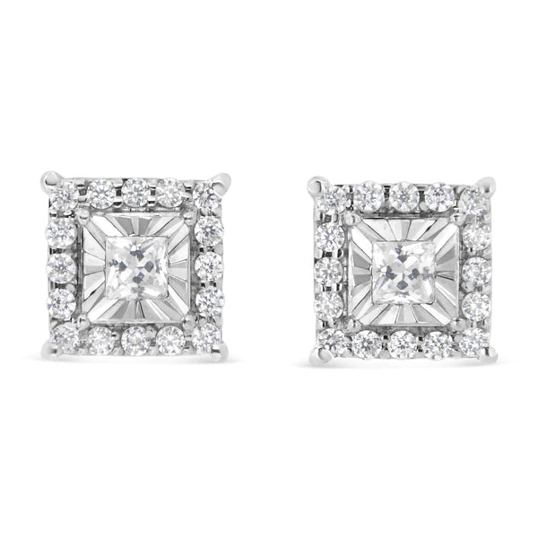 .925 Sterling Silver 1/4 Cttw Princess and Round Cut Diamond Halo Stud Earrings (I-J Color, I2-I3 Clarity)