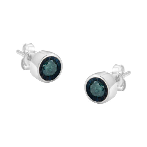 .925 Sterling Silver 0.40 Cttw Round Brilliant-Cut Blue Diamond Miracle-Set Stud Earrings (Fancy Color-Enhanced, I2-I3 Clarity)