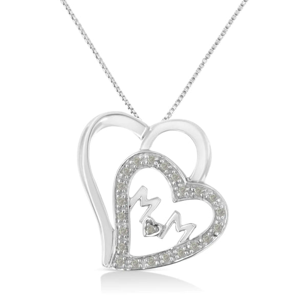 .925 Sterling Silver 1/10 Cttw Diamond Double Heart and Mom 18" Pendant Necklace (I-J Color, I3 Clarity)