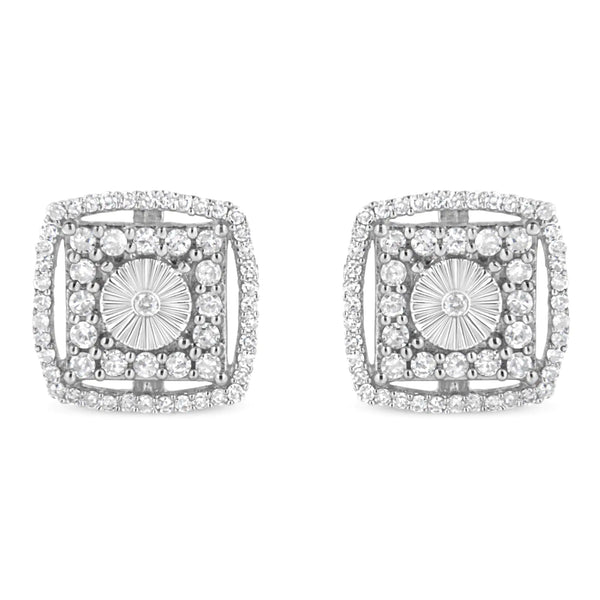 .925 Sterling Silver 1.0 Cttw Round Diamond Double Halo and Disc Stud Earring (I-J Color, I2-I3 Clarity)