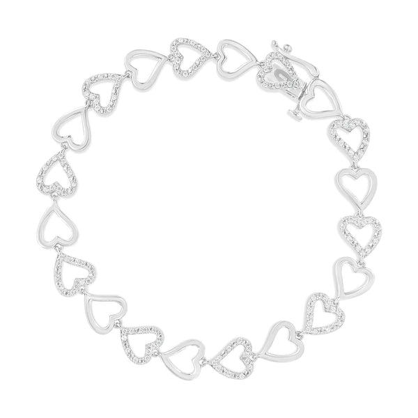 .925 Sterling Silver 1/2 Cttw Diamond Alternating Heart Link Bracelet (I-J Color, I2-I3 Clarity)- Size 7.25" Inches