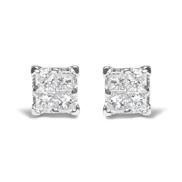 .925 Sterling Silver 1/4 Cttw Invisible Set Princess Diamond Composite Quad Stud Earrings (I-J Color, I1-I2 Clarity)