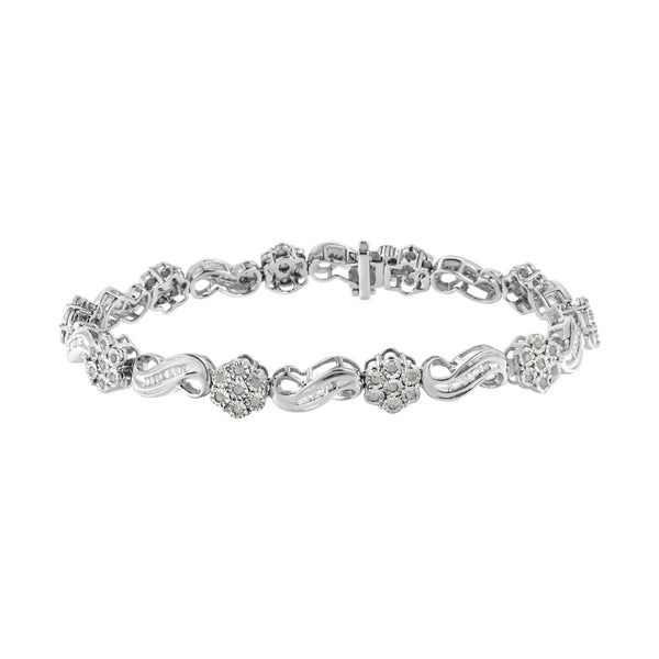 .925 Sterling Silver 1.0 Cttw Miracle and Channel Set Diamond Floral Cluster and Link Bracelet (I-J Color, I3 Clarity) - 7.25"