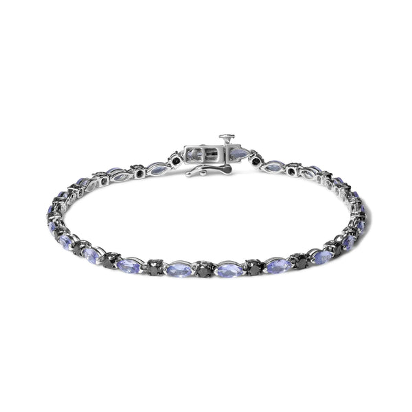 .925 Sterling Silver 1 1/2 Cttw Black Diamond and Blue Tanzanite Link Bracelet (I2-I3 Clarity, Black Color) - Size 7.25"