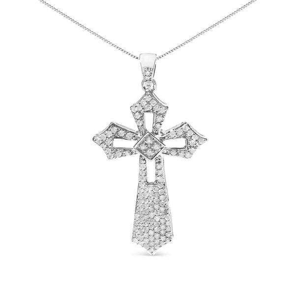 .925 Sterling Silver 1.00 Cttw Diamond Fleur De Lis Cross 18" Pendant Necklace (H-I Color, I2-I3 Clarity)