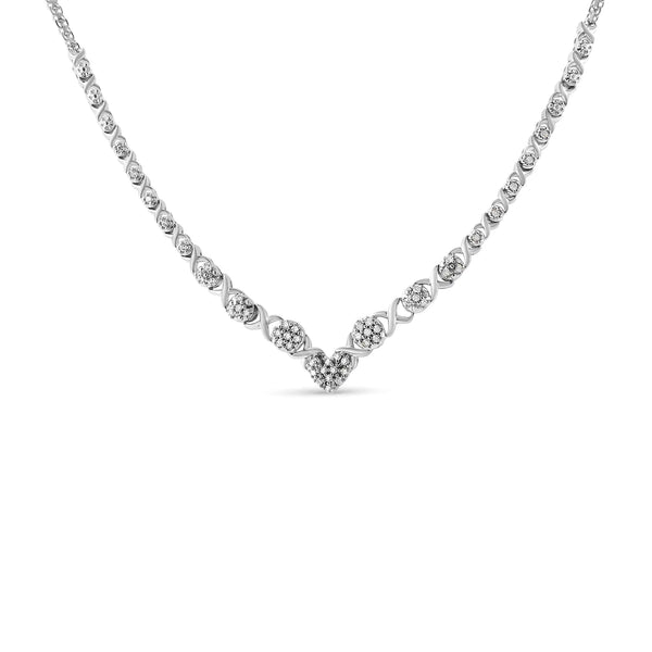 .925 Sterling Silver 1/2 cttw Prong Set Round Diamond Graduated Cluster and Heart Center 18" Statement Necklace (I-J Color, I3 Clarity)