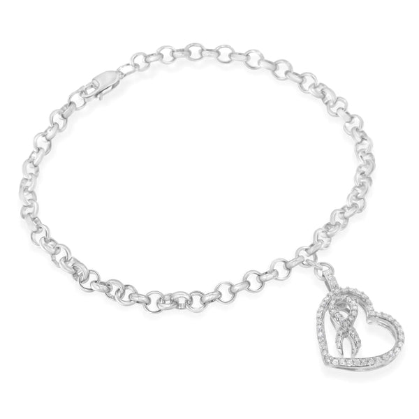 .925 Sterling Silver 1/4 Cttw Diamond-Accented Heart and Ribbon Charm 7" Link Chain Bracelet (H-I Color, I1-I2 Clarity)